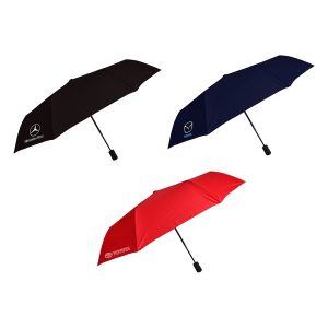 Three umbrellas in black, navy, and red, each featuring a logo on the canopy.