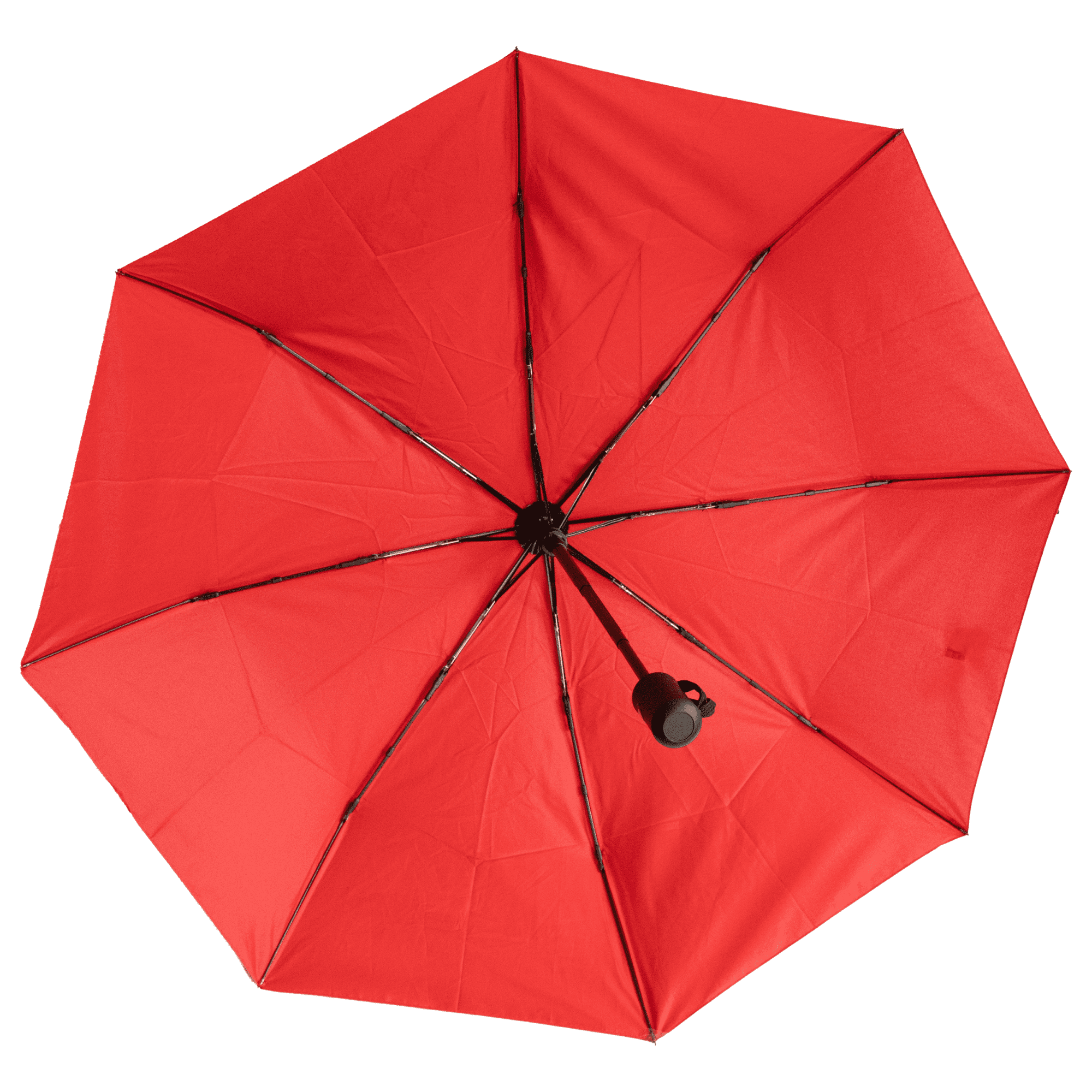 A red umbrella with a rounded handle and a sturdy frame, featuring an internal structure. It includes a logo.
