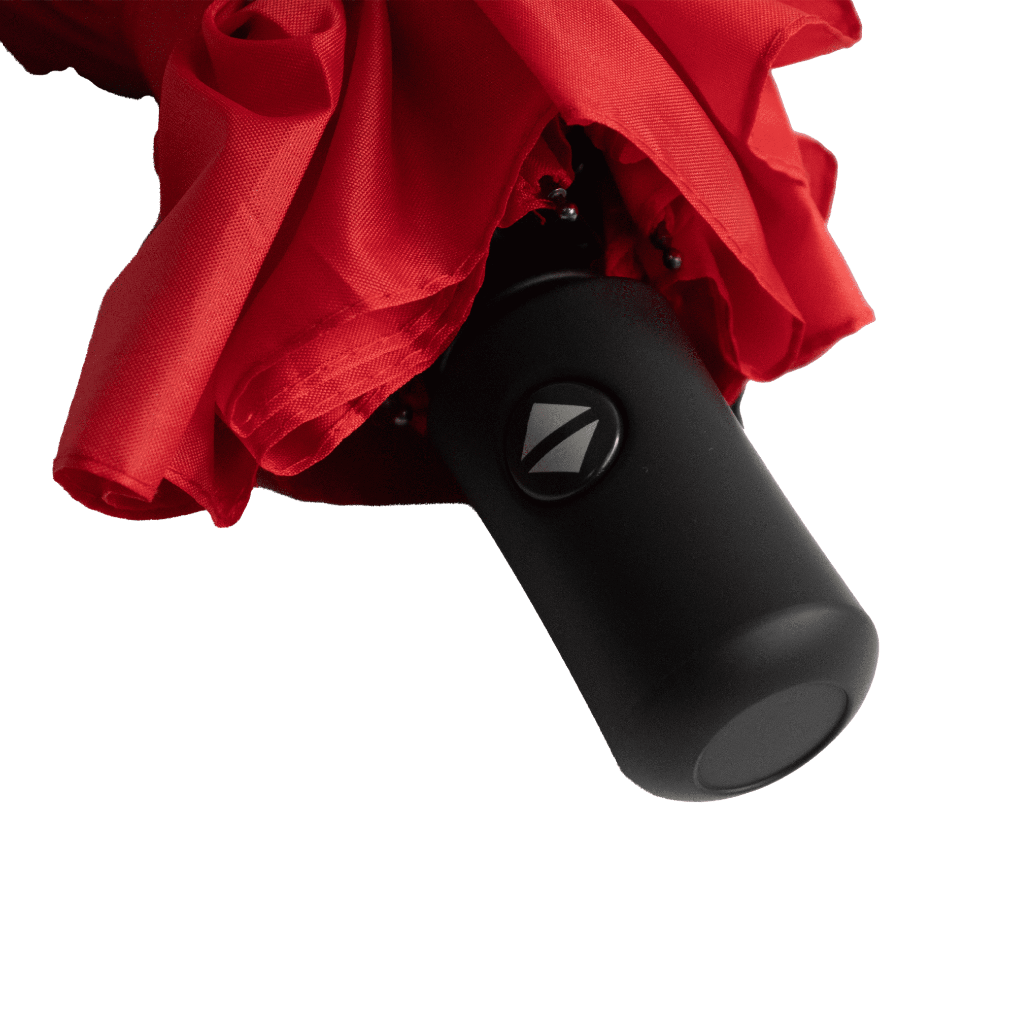 A red umbrella with a black handle and a logo, neatly folded.