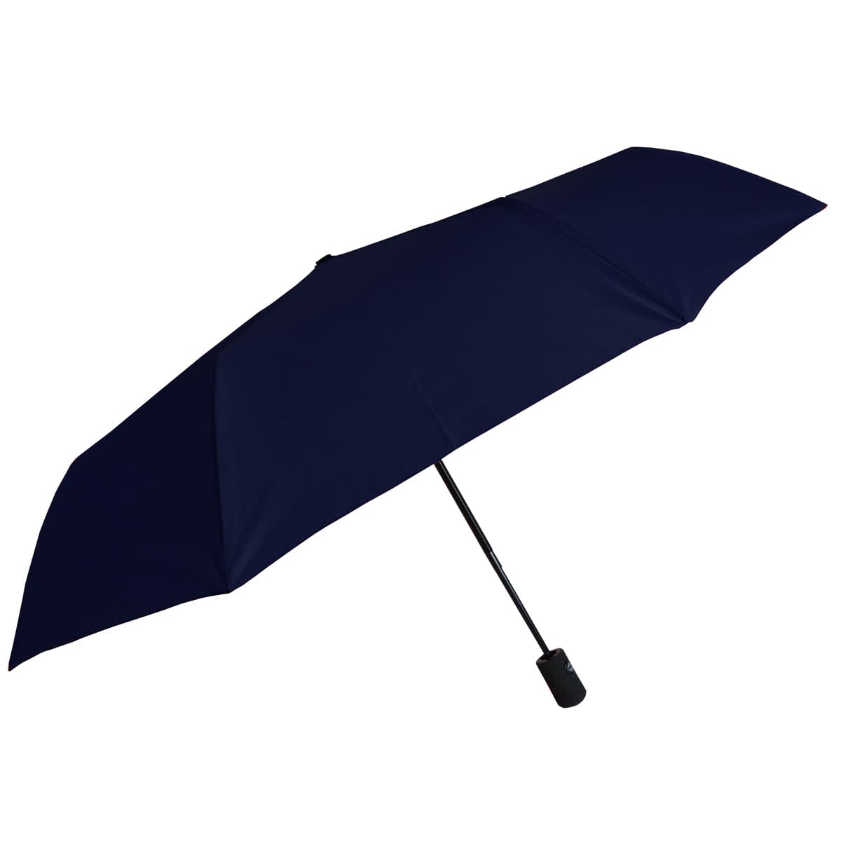 A navy blue umbrella with a sturdy handle and a sleek design. It features a simple, modern style and has a logo.