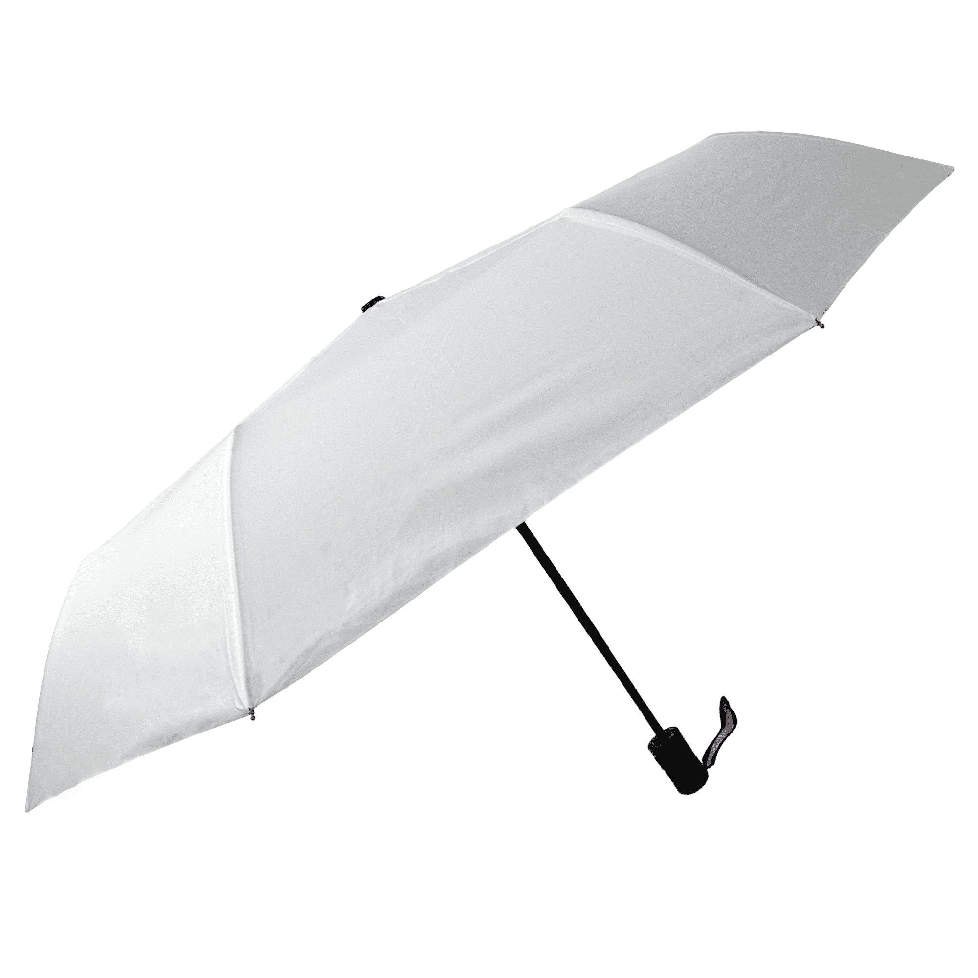 A white umbrella with a black handle features a logo on the canopy.