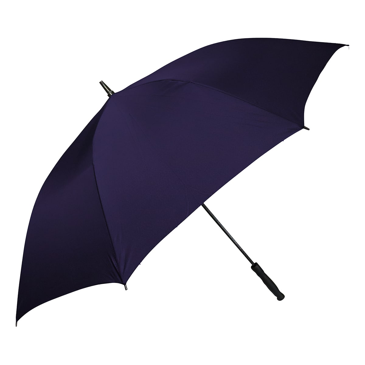 A navy umbrella with a black handle and a logo on the canopy.