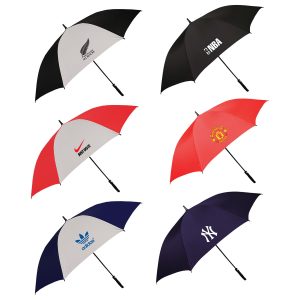 A set of six umbrellas featuring various designs in black, red, white, and navy, each with distinct logos.