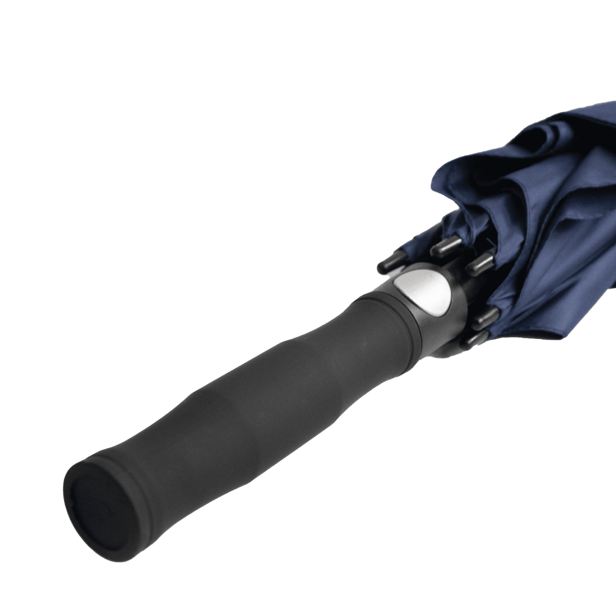 A navy blue umbrella with a black handle, featuring a logo on the handle.