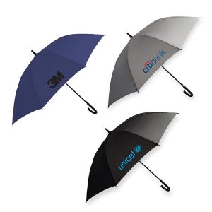 Three umbrellas in blue, grey, and black, each featuring different logos on the canopy.