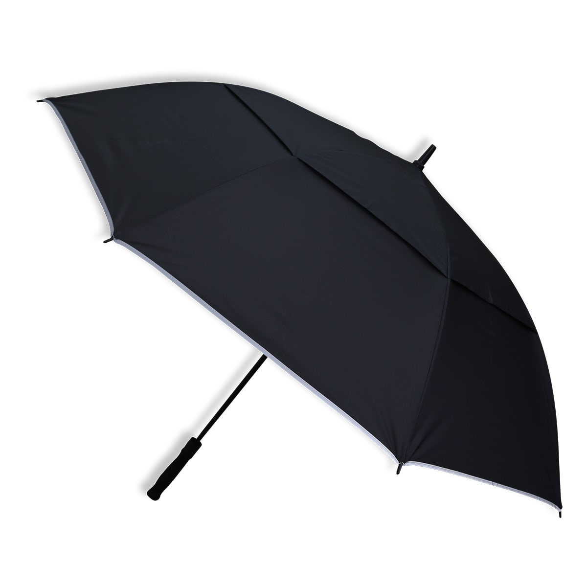 A black umbrella with a sleek design and a logo on the handle.