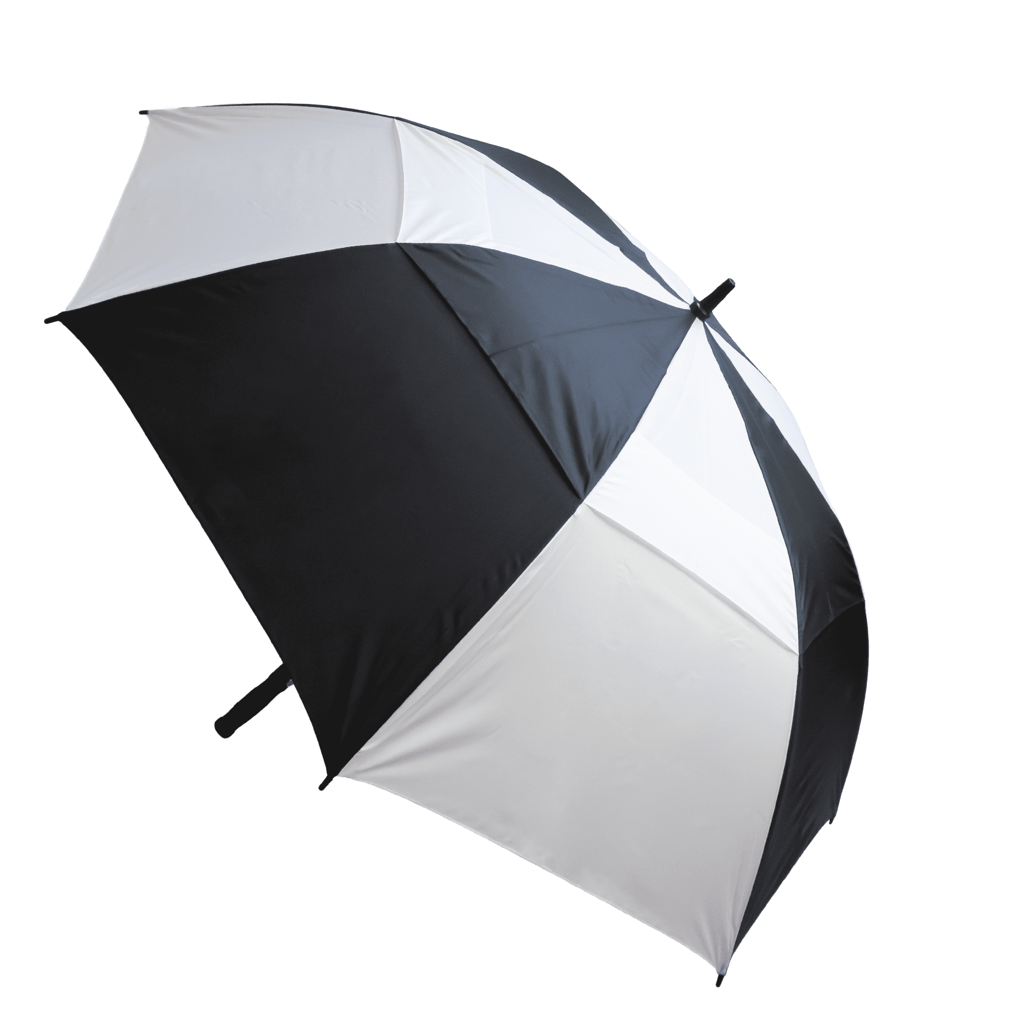 A black and white striped umbrella with a curved handle and a branding logo on the fabric.