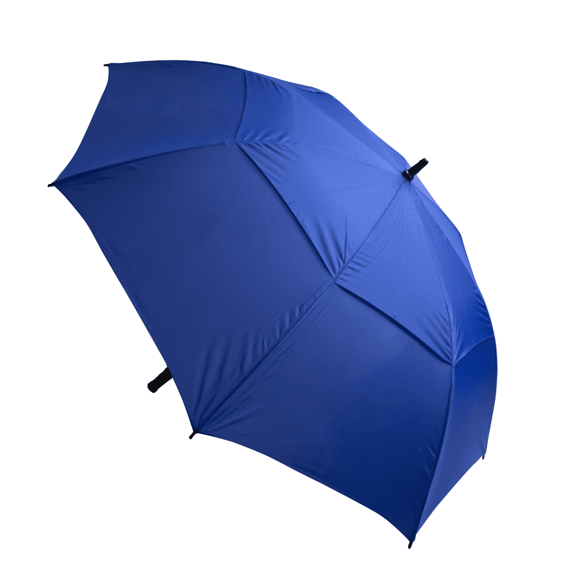 A blue umbrella with a solid canopy and a central handle, featuring a logo on its surface.