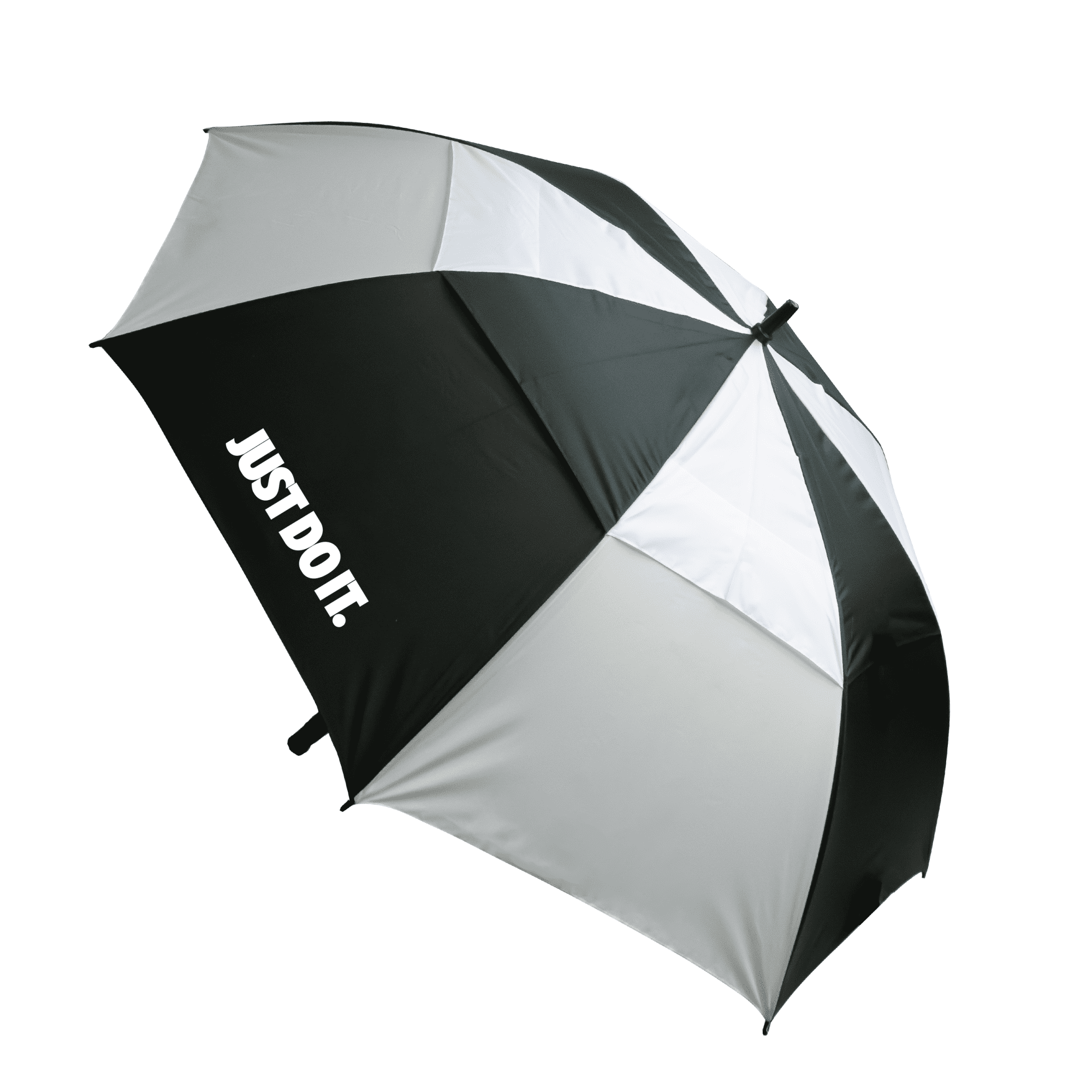 A black and white umbrella with a logo, featuring a segmented design of the two colours.