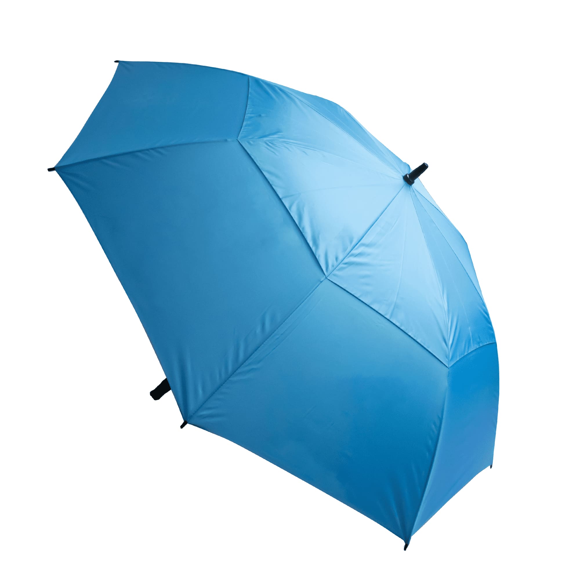 A blue umbrella with a curved canopy and a black handle, featuring a logo on the fabric.