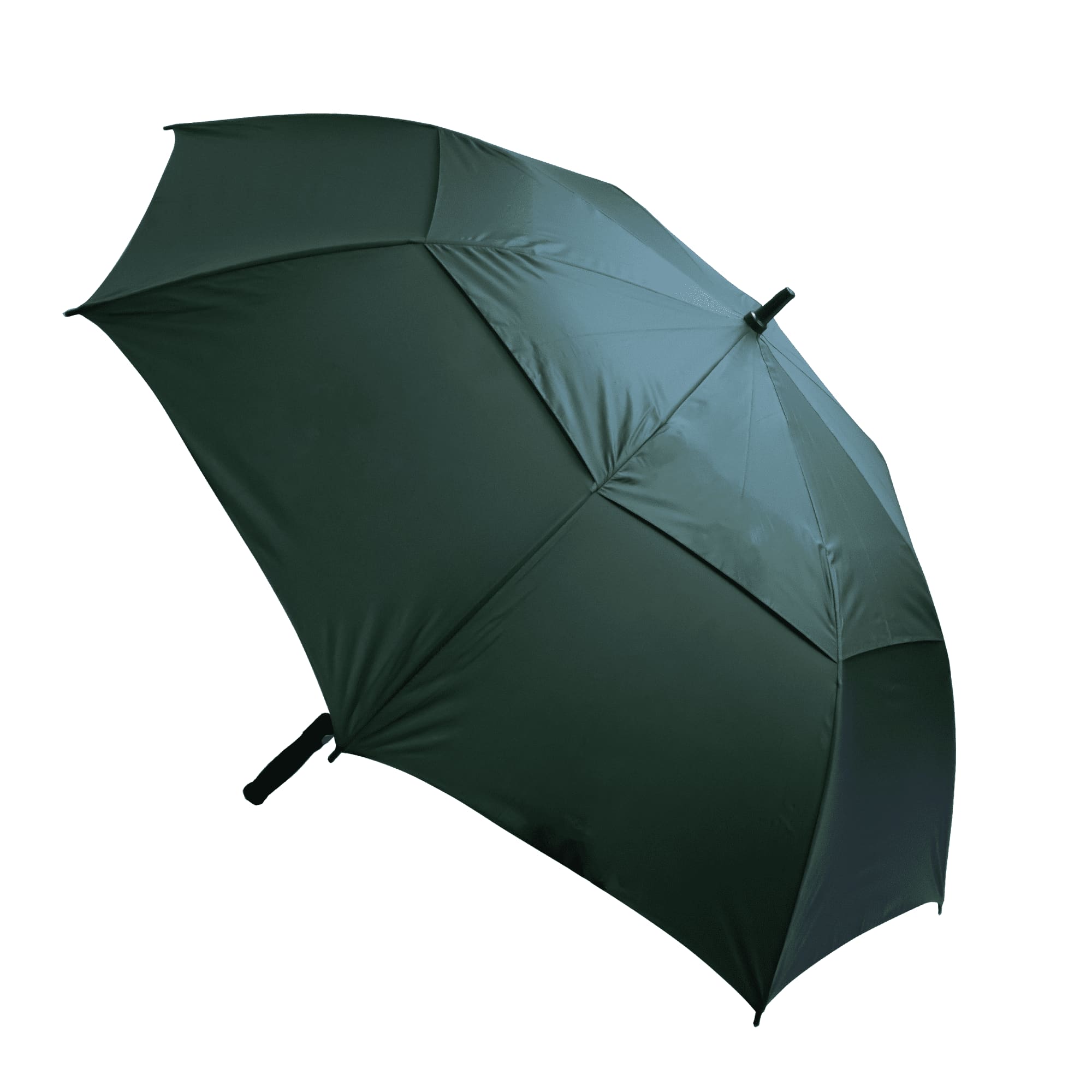 A green Stormy Umbrella with a sleek design and a black handle. It features a logo on the fabric.