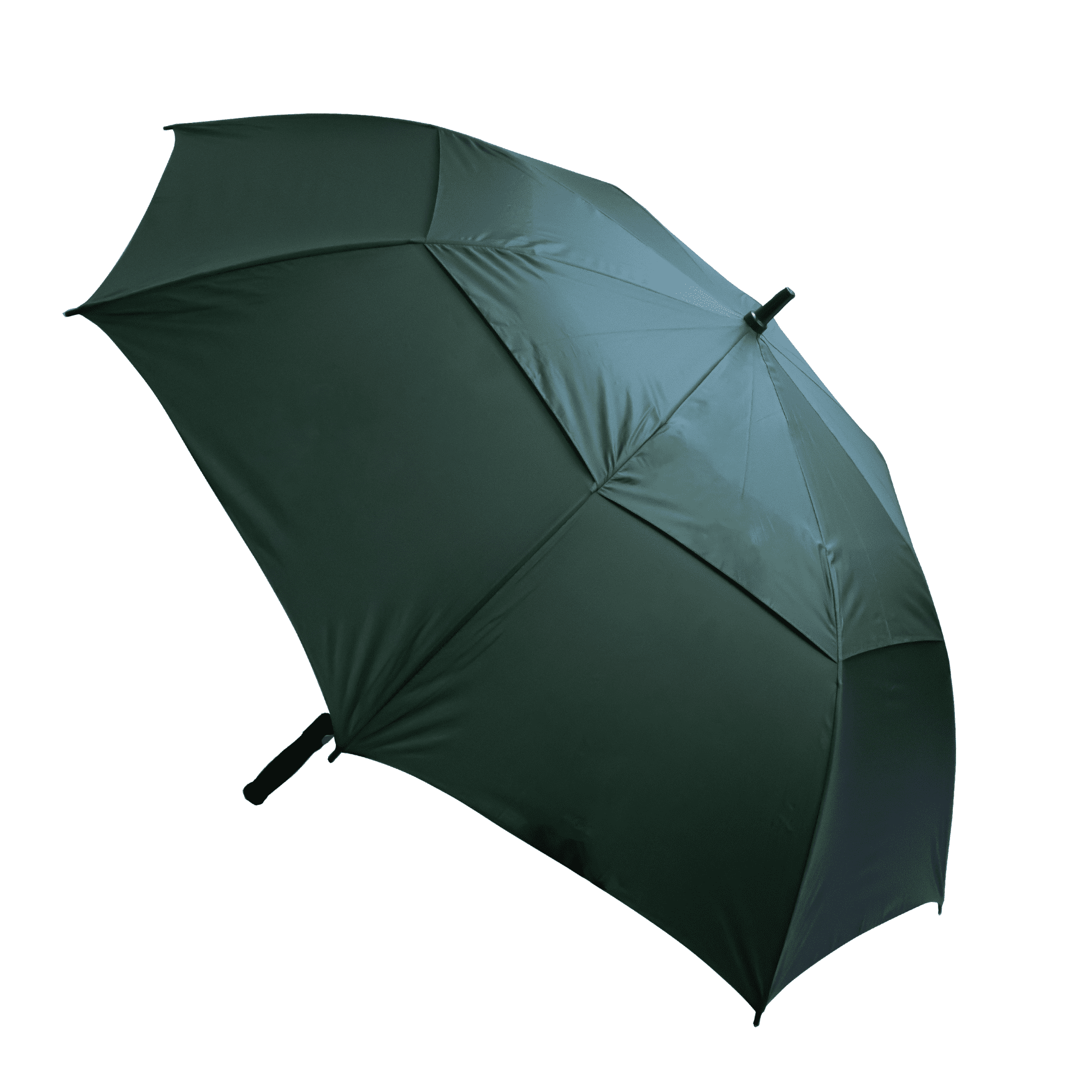 A dark green umbrella with a sleek design and a handle, featuring a logo.