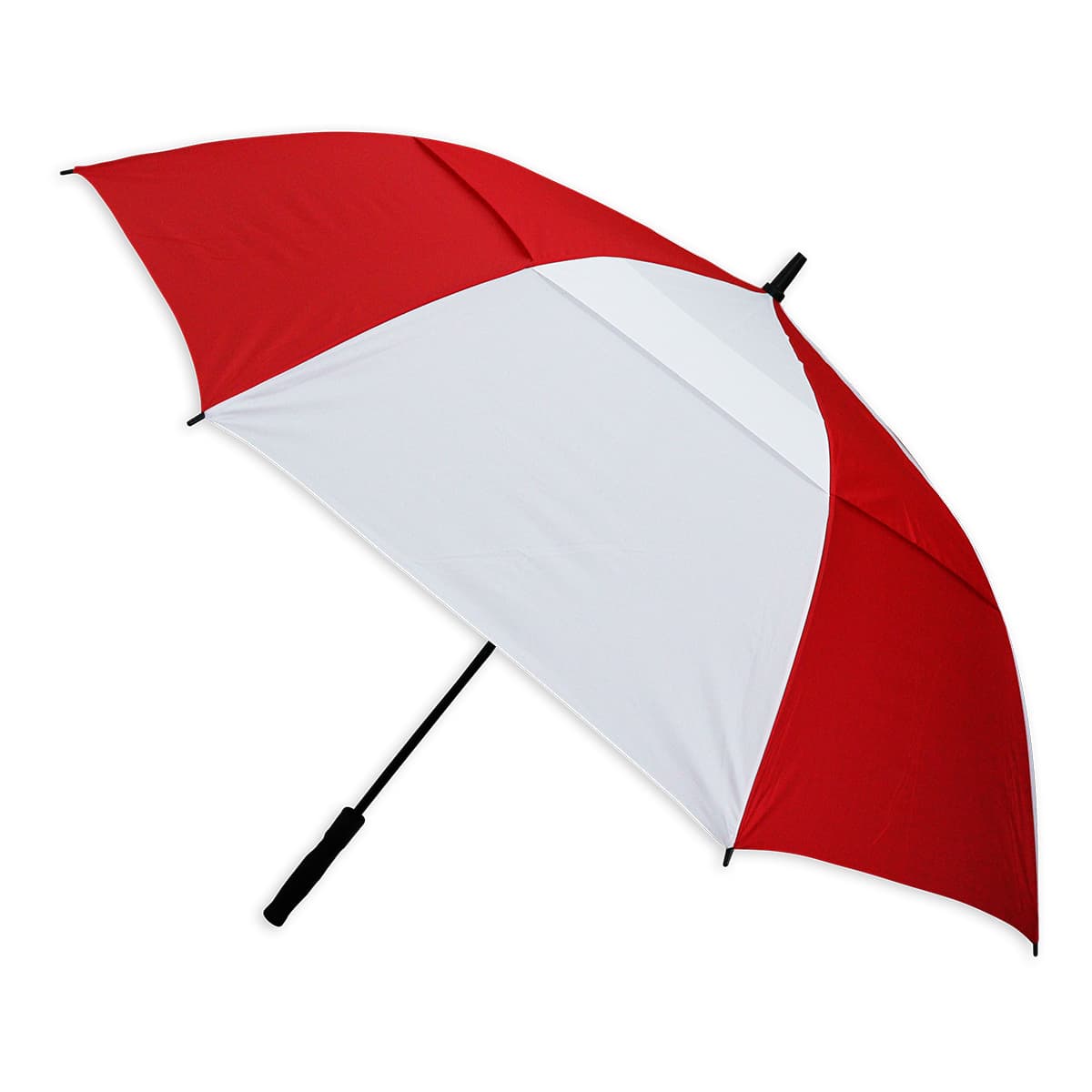 A red and white umbrella with a black handle, featuring a logo on the canopy.