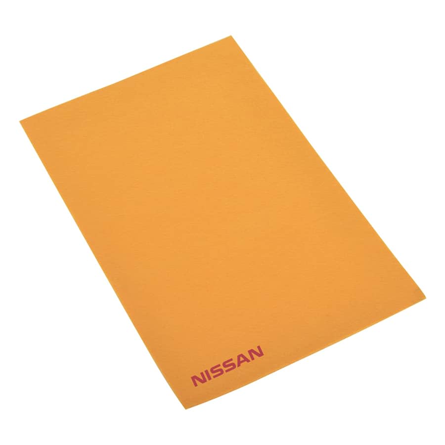 An orange chamois towel with a branding logo in the corner. Suitable for personal use.