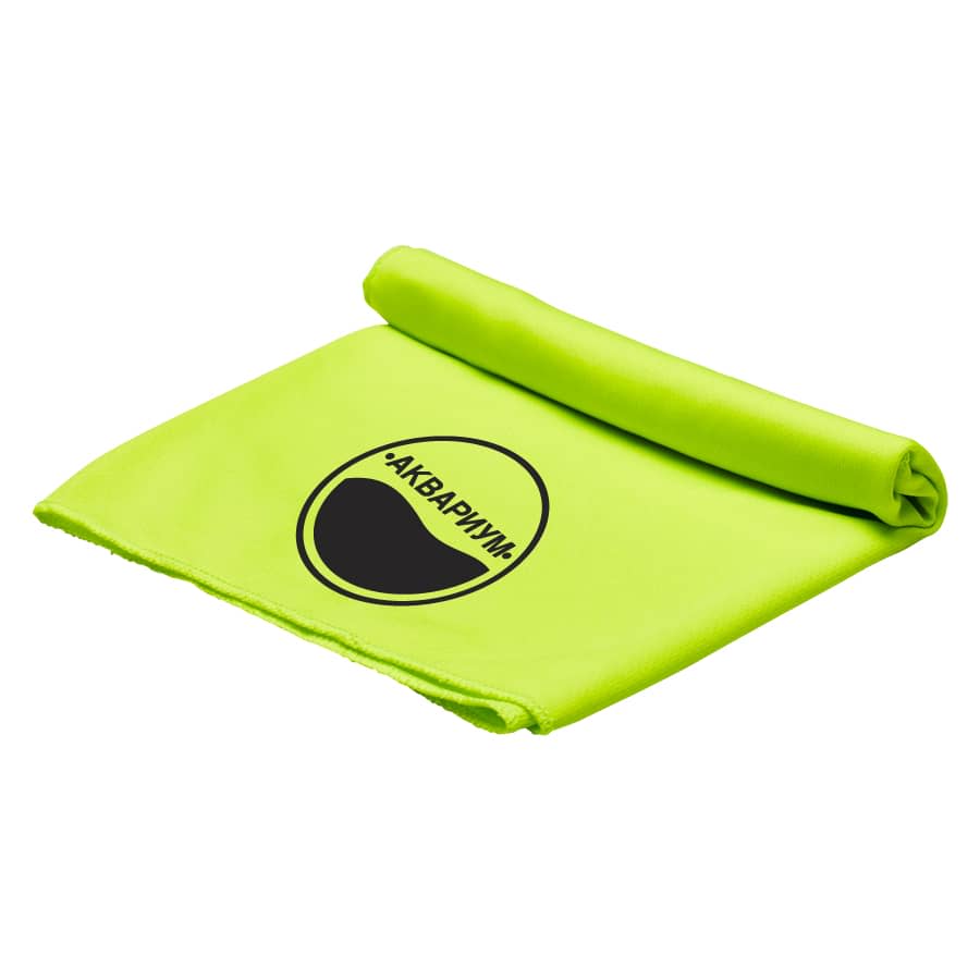 A bright green cooling towel, rolled slightly, featuring a logo on the surface.