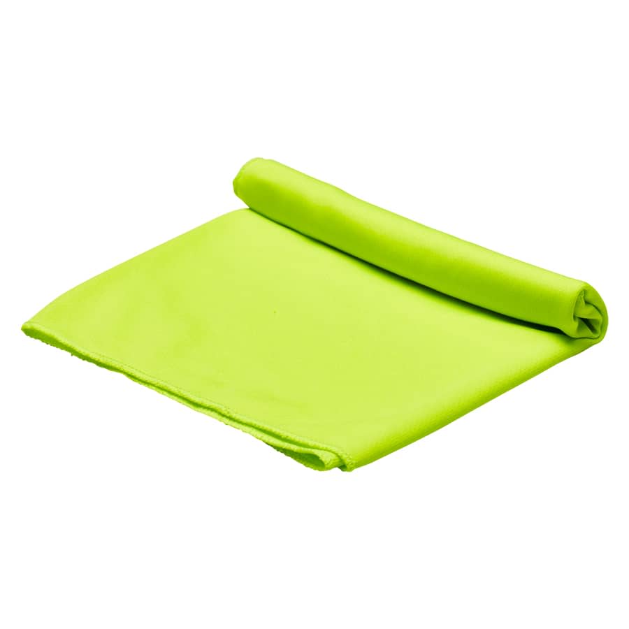 A rolled green cooling towel with a soft texture, suitable for leisure and outdoor activities.