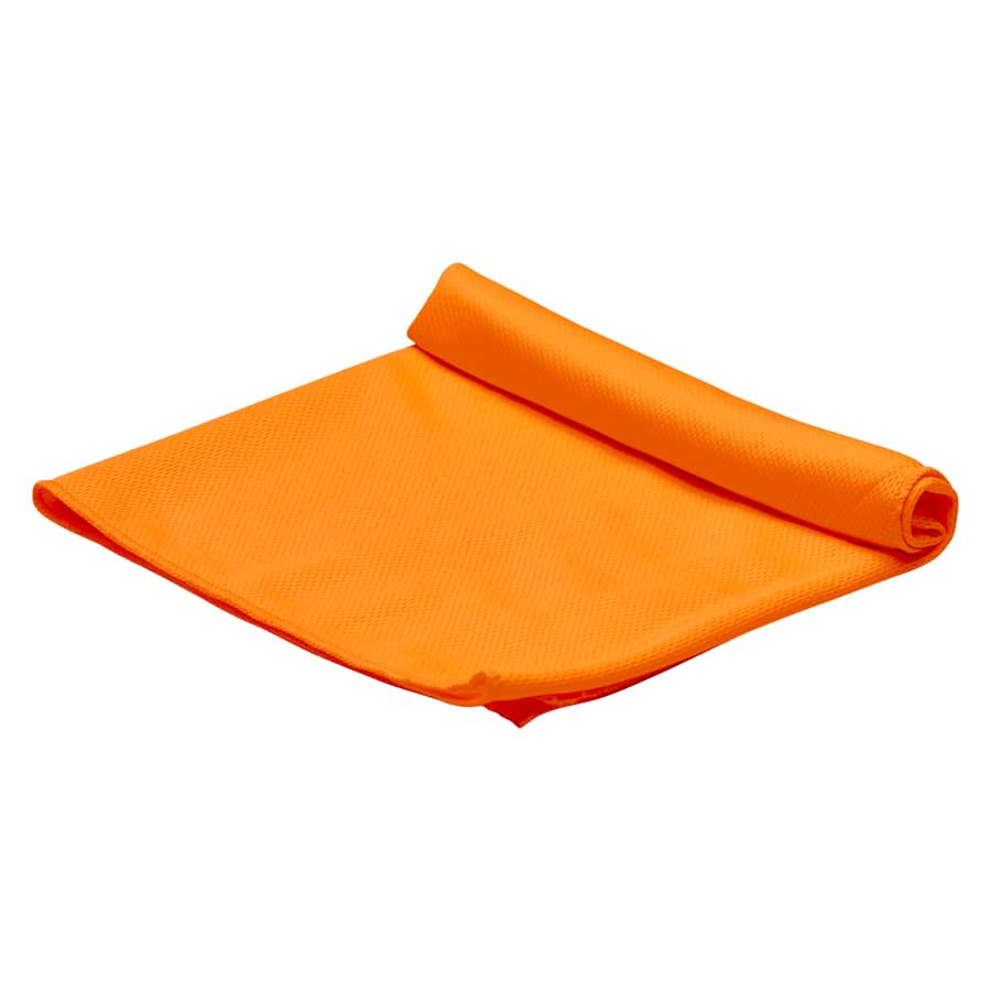 An orange cooling towel is neatly rolled up, featuring a textured surface. It has a logo on one side.