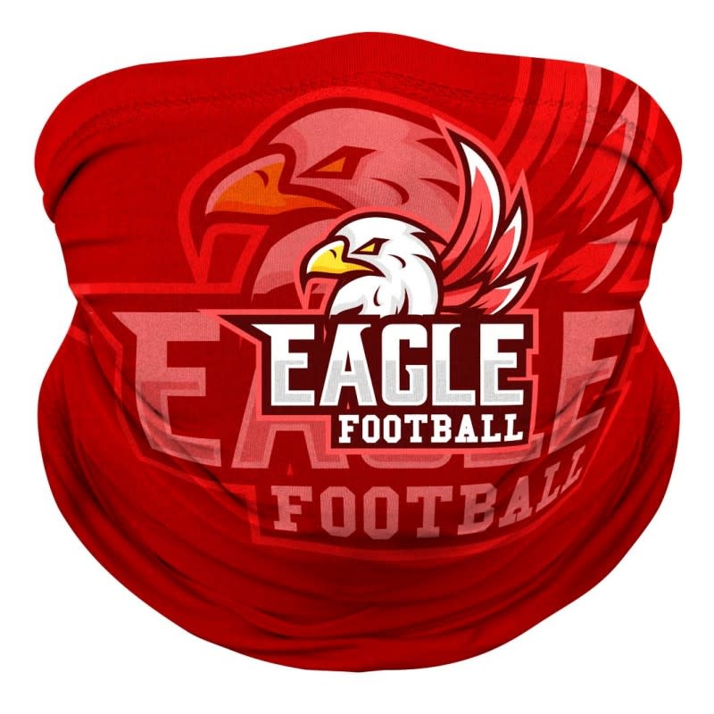A red custom neck gaiter featuring an eagle design and logo. It has a smooth, tubular shape.
