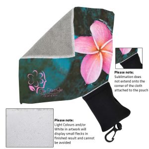 A microfibre towel in teal with a floral design, accompanied by a black pouch for storage.