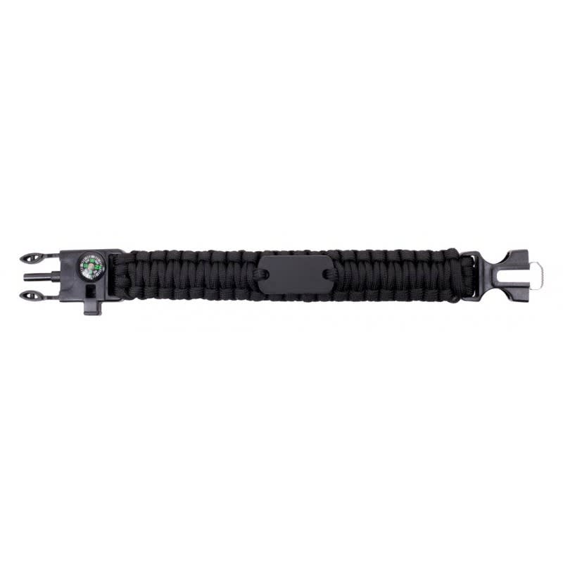 A black survival band featuring a compass and a clip fastening, designed for outdoor use.