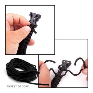 A black survival band with a clip and 10 feet of cord, displayed with hands holding and manipulating the cord.