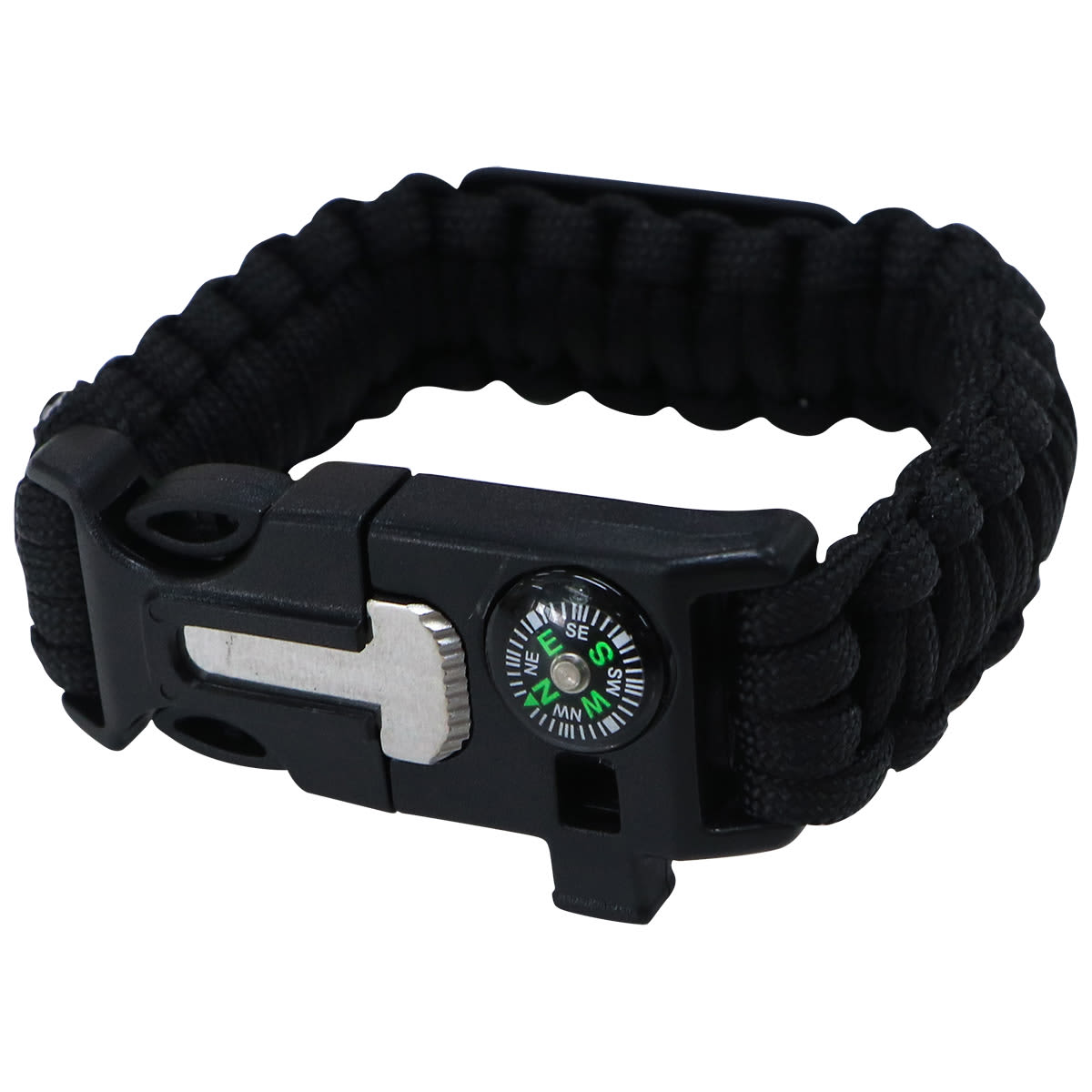 A black survival band featuring a compass and adjustable clasp, ideal for outdoor activities.