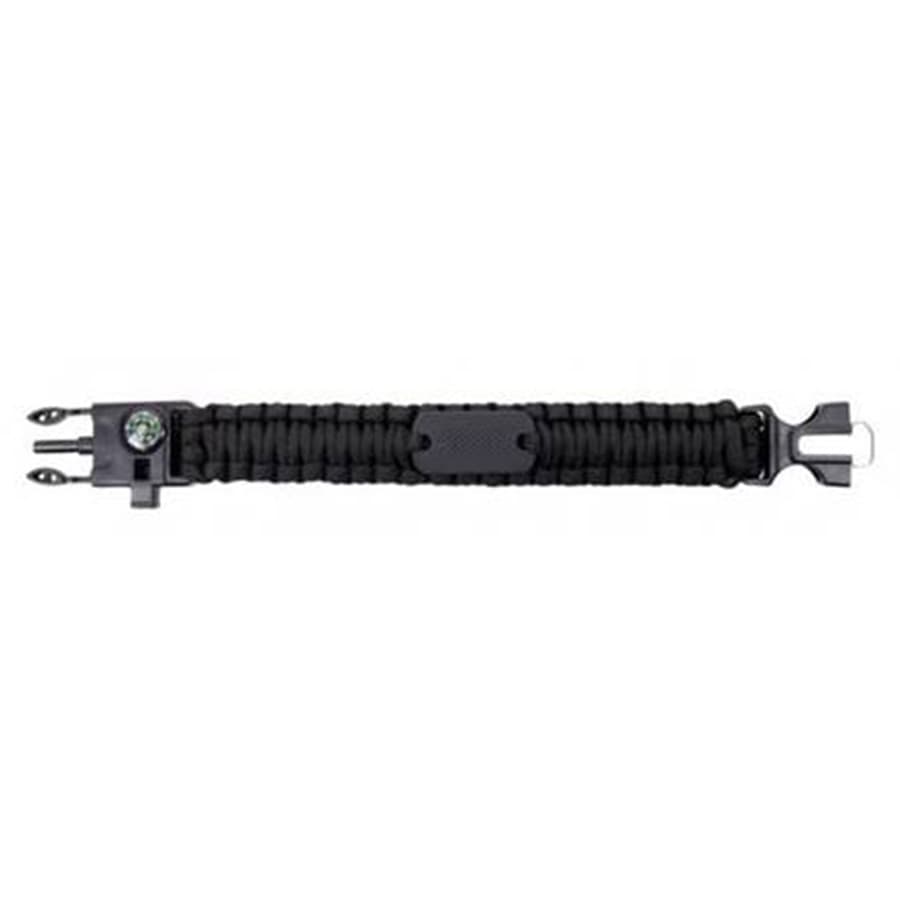 A black survival bracelet with a compass, whistle, and multi-tool clasp, featuring a woven design.