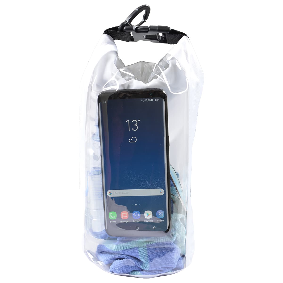 A transparent 2.5L dry bag containing a phone and clothing items, featuring a black closure and a logo.