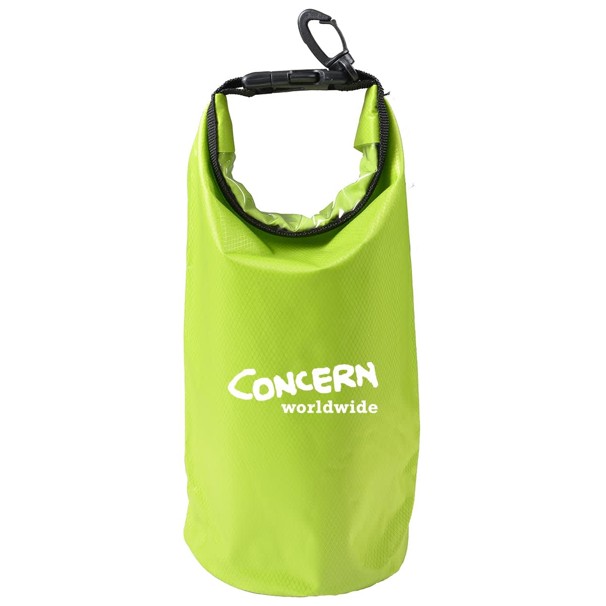 A bright green 2.5L dry bag with a clip and a logo on the front.