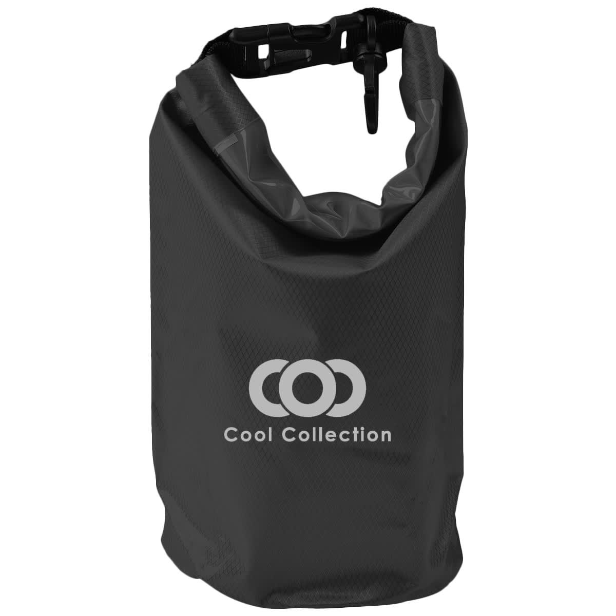 A 2.5L black dry bag with a roll-top closure and a logo on the front.