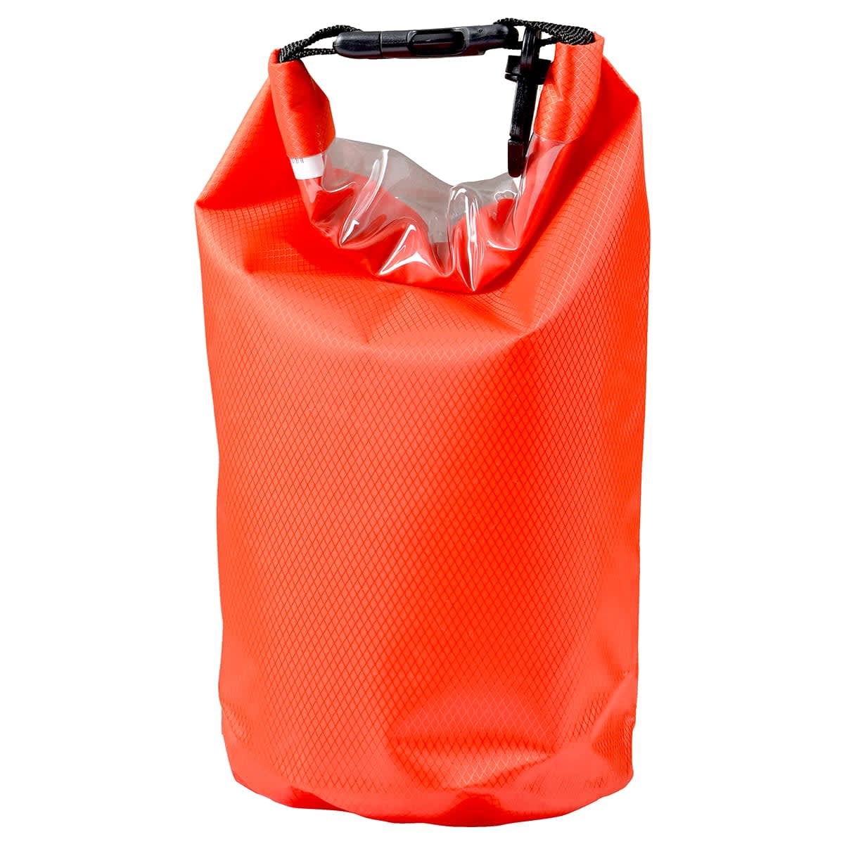 An orange 2.5L dry bag with a clear top and a secure closure, featuring a strap and a logo.
