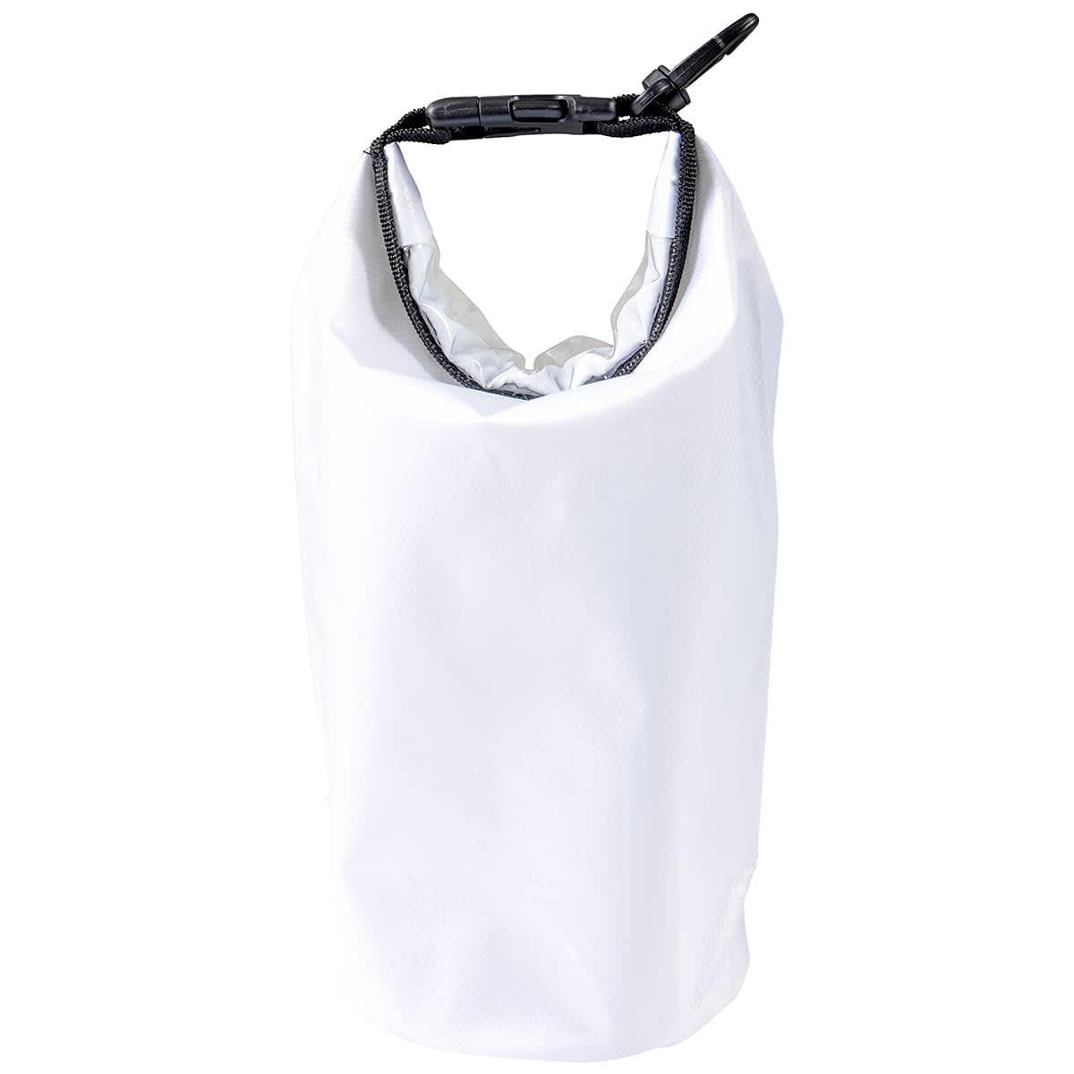 A 2.5L dry bag in white with a black closure band, featuring a secure clip. Ideal for keeping items dry.