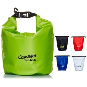 A green dry bag with a logo, accompanied by black, blue, red, and white variations of smaller dry bags.