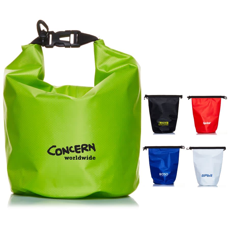 A green dry bag with a logo, accompanied by black, blue, red, and white variations of smaller dry bags.