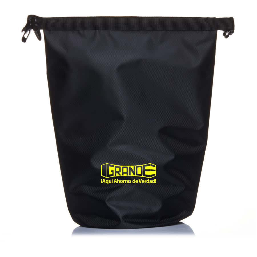 A black 5L dry bag featuring a logo in bright yellow. The bag has a secure closure at the top.