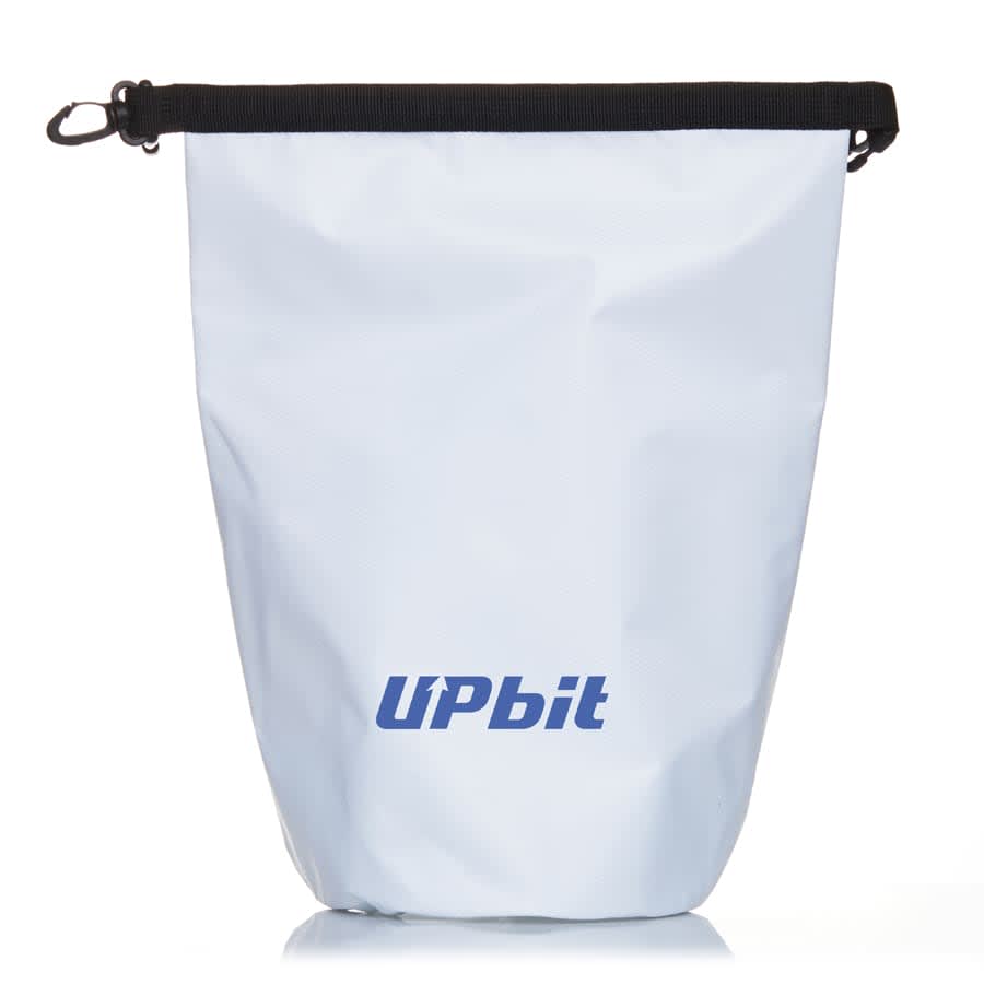 A 5L dry bag in light blue with a black closure and a logo. Ideal for keeping items dry.