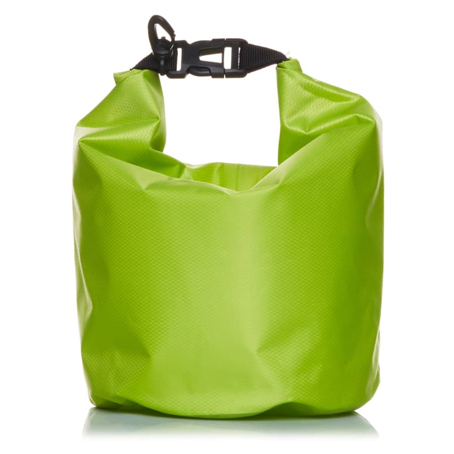 A bright green 5L dry bag with a secure buckle closure and a glossy finish. It features a logo on the surface.
