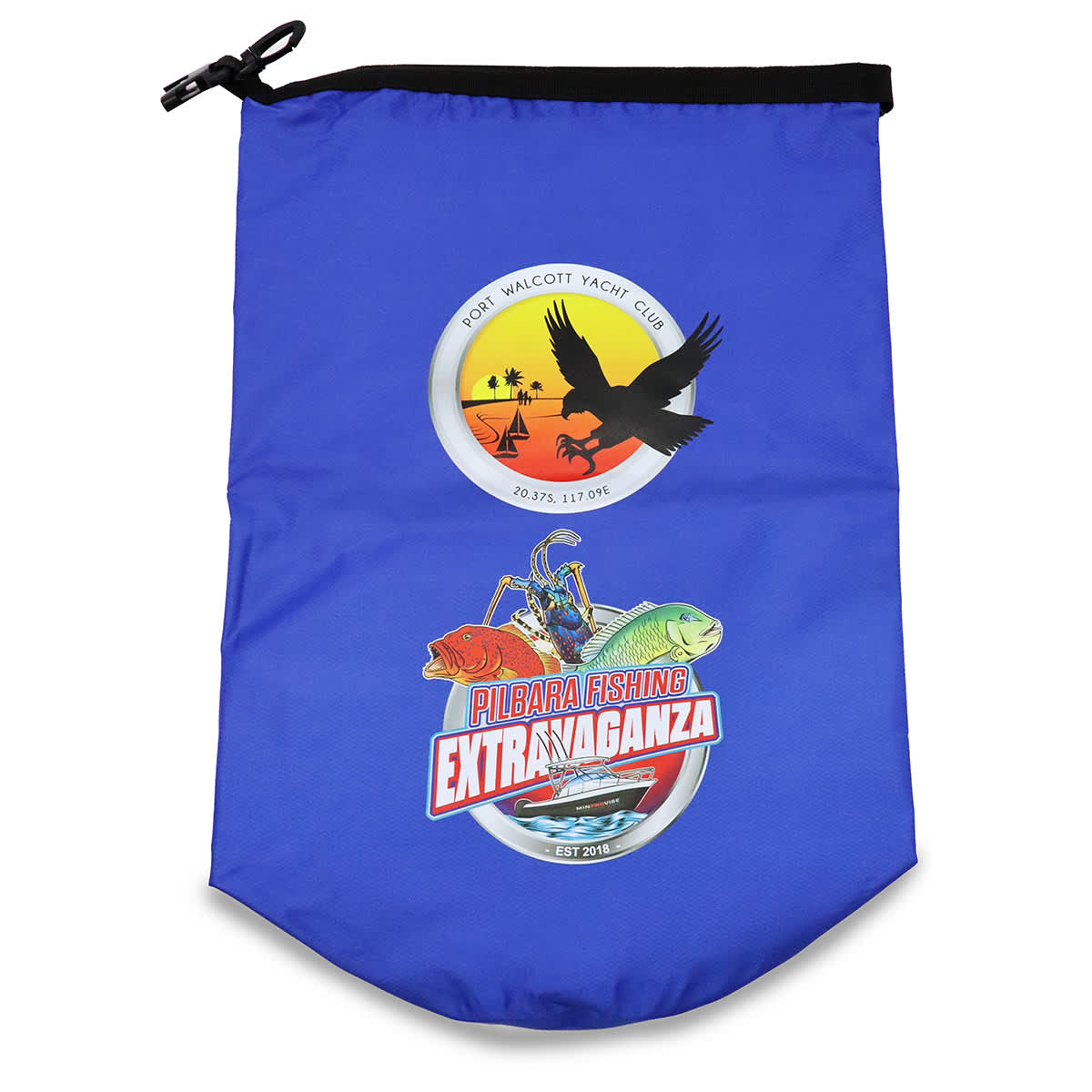 A blue 10L dry bag featuring two logos, one with a bird and one related to fishing events.