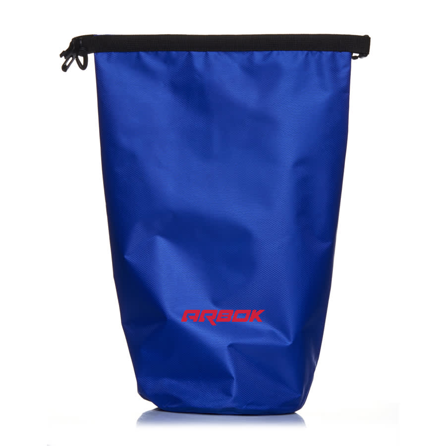 A blue dry bag with a black closure and a logo at the bottom.