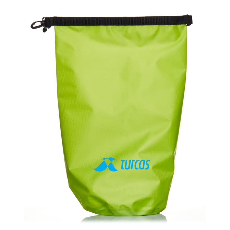 A bright green 10L dry bag with a black top and a logo on the front.