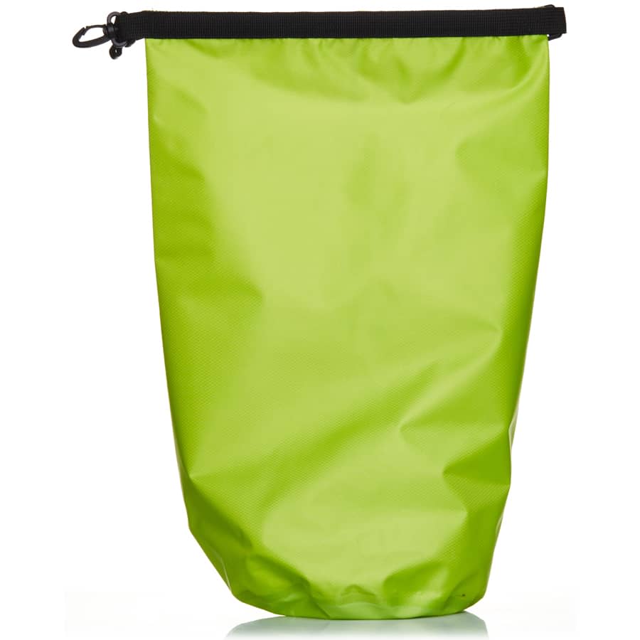 A bright green 10L dry bag with a black opening and sealing mechanism, featuring a logo.