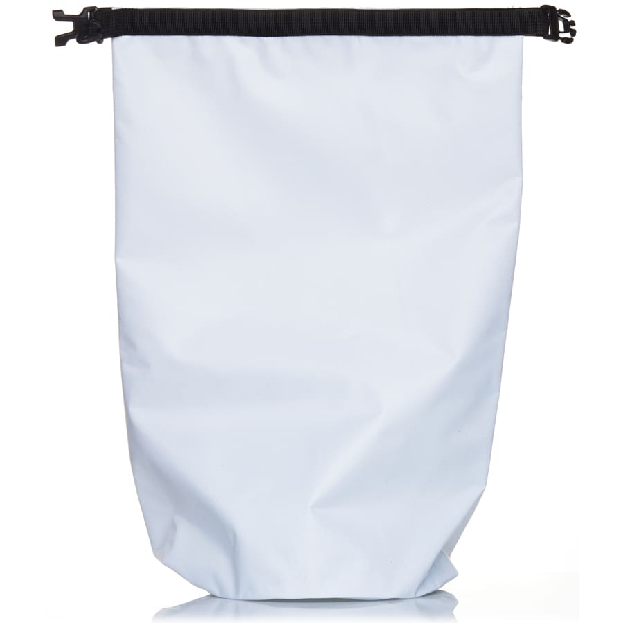 A 10L dry bag in light blue, featuring a black zip closure and branding on the front.