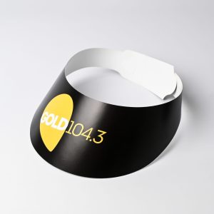 A black sun visor featuring a yellow logo, with a white adjustable strap and an Australian Made label.