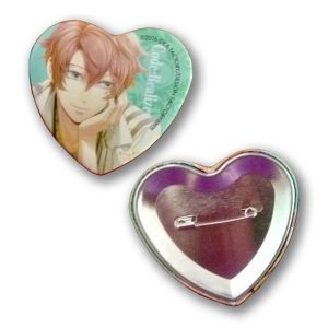 Heart-shaped button badge featuring a character design on one side and a metal pin back on the other. Predominantly pink and silver.