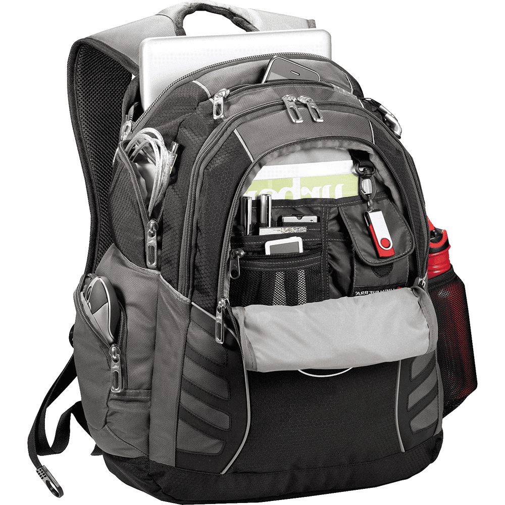 A black and grey laptop backpack featuring multiple compartments, including space for a laptop and water bottle.