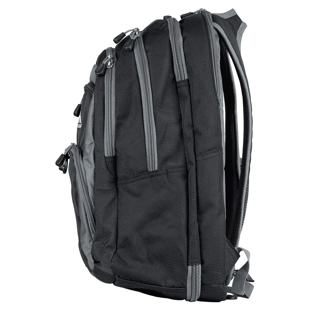 A black and grey backpack featuring multiple compartments, pockets, a drink bottle holder, and a logo.