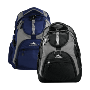 A blue and grey High Sierra Access 17" 46L computer backpack featuring a logo and a vibrant design.