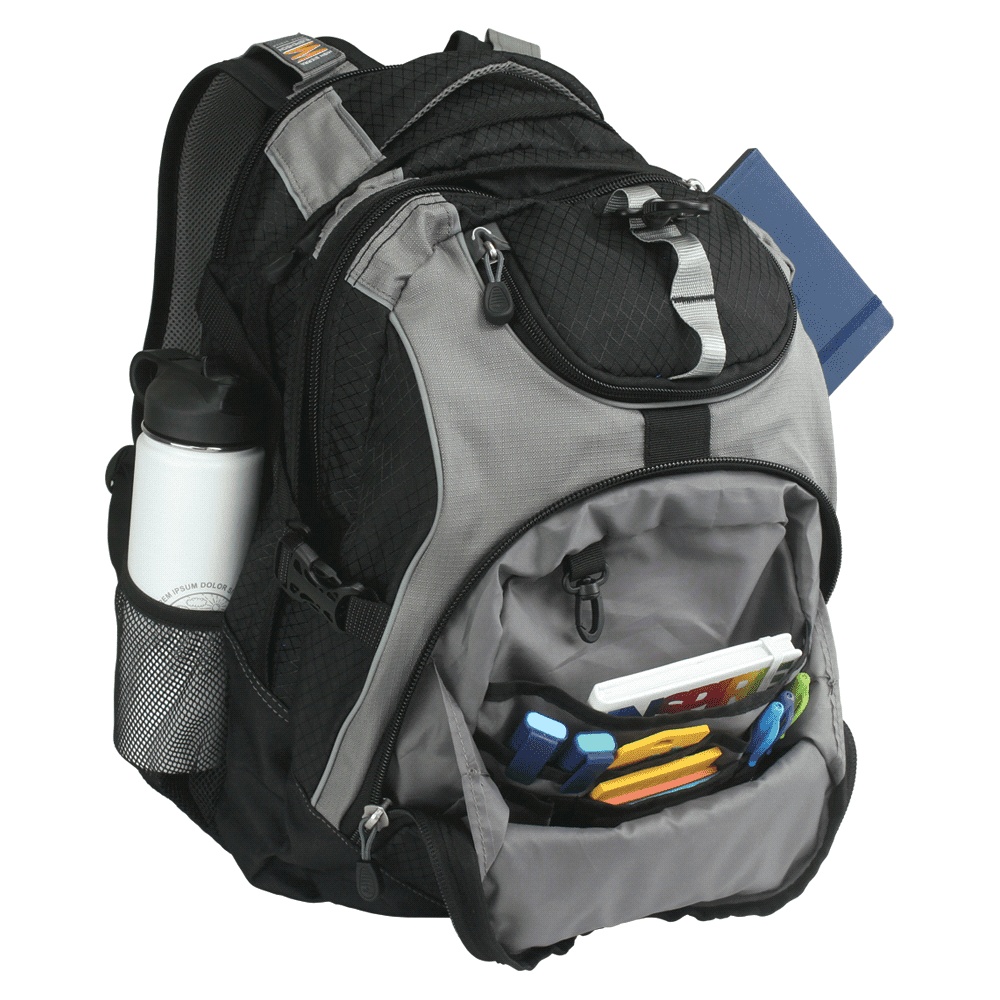 A dark blue and grey high-capacity computer backpack with padded straps and multiple compartments. Features a logo.
