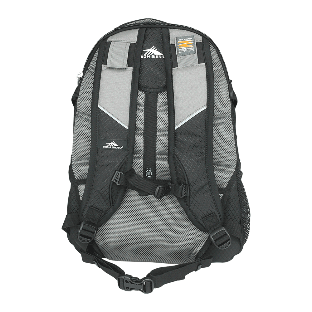 A navy and grey High Sierra Access 17 46L computer backpack with padded straps and mesh side pockets.