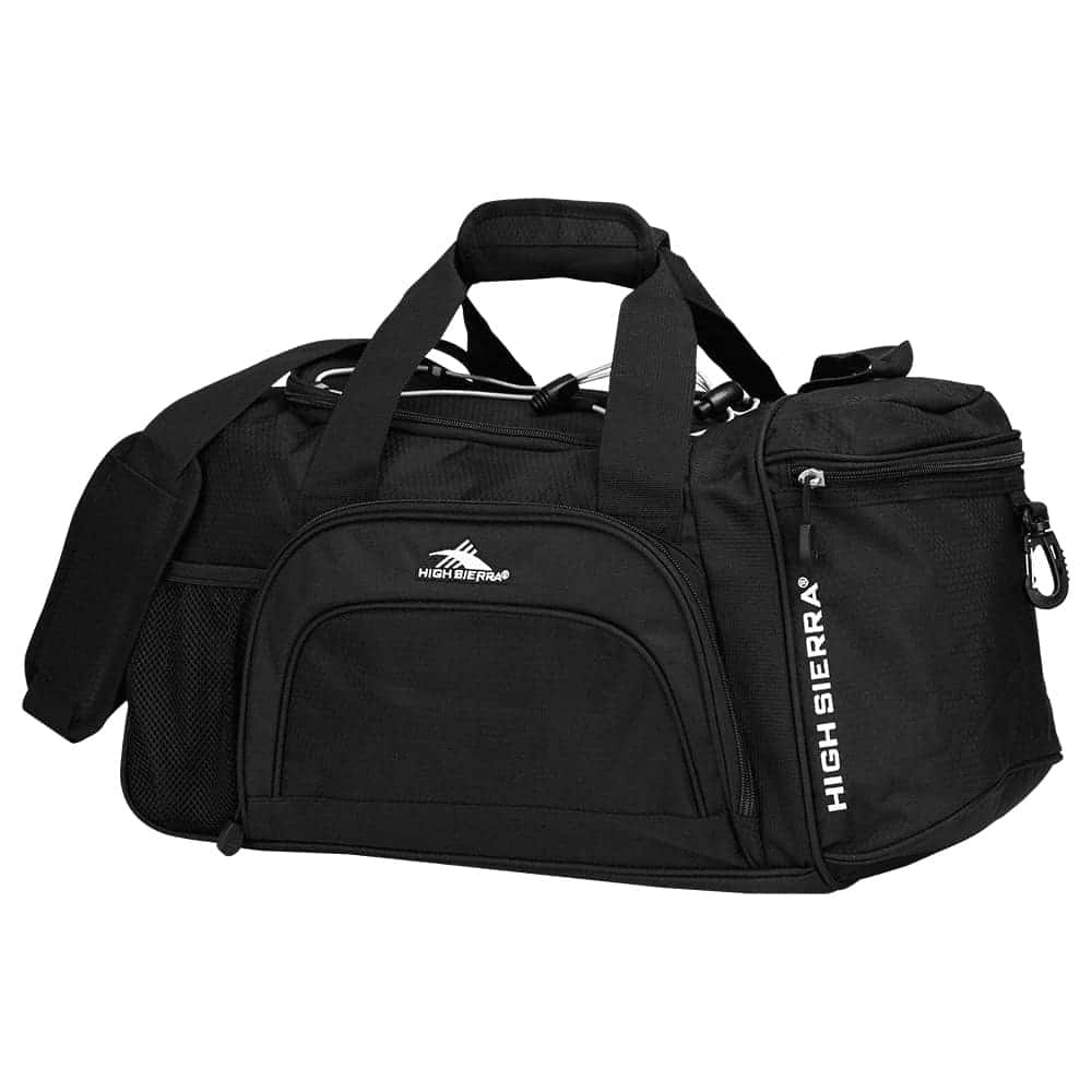 A black duffel bag with multiple compartments, a shoulder strap, and a logo. Suitable for sports and travel.
